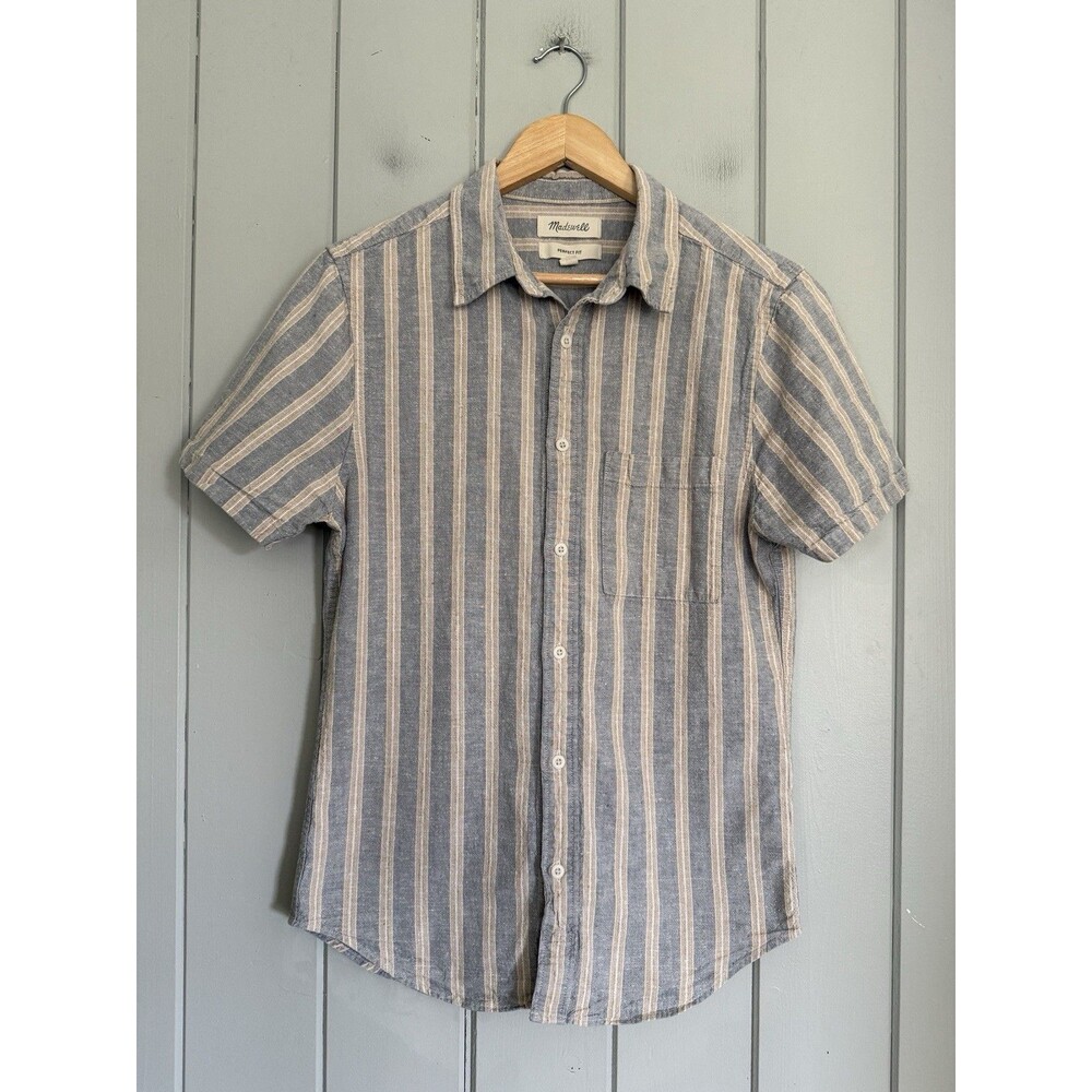 Men's Madewell Perfect Fit Short Sleeve Gray Striped Button Up XS Chest Pocket